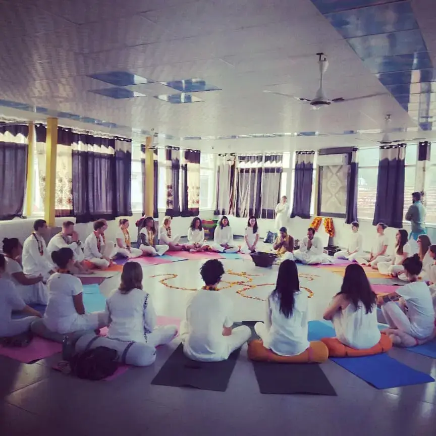 group of yoga students at yoga school, Rishikesh